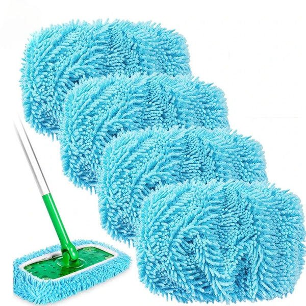 A stack of four bright blue reusable microfiber mop pads with green handles.