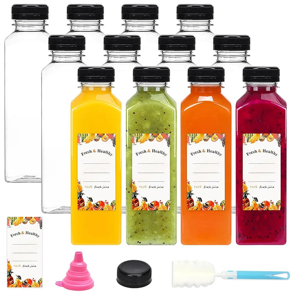 A set of reusable clear juice bottles in various colors, including yellow, green, orange, and red, with a pink funnel and a w