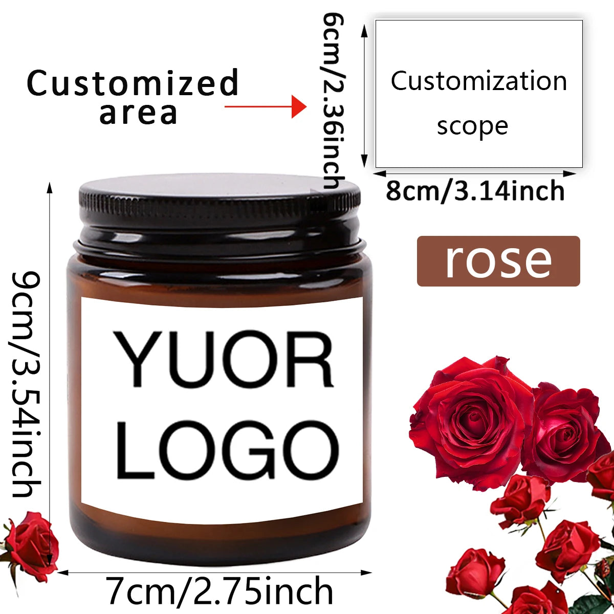 A dark glass jar of rose scented soy candle with a custom logo label and a customization scope diagram.