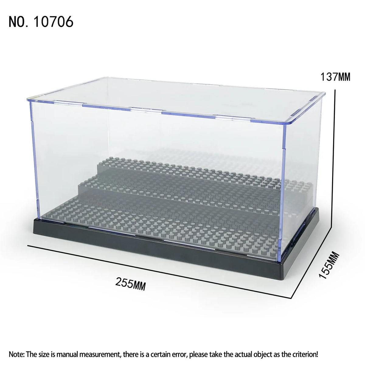 A clear dustproof display case with a black base and a lid, measuring 137mm in height and 255mm in length.
