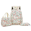 A floral print backpack set featuring a backpack, a matching handbag, and a pencil case.