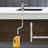 Stainless steel under-sink soap dispenser kit with an extension tube mounted above a kitchen sink.
