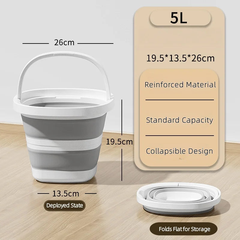 A white collapsible water bucket shown in its deployed state and folded flat for storage.
