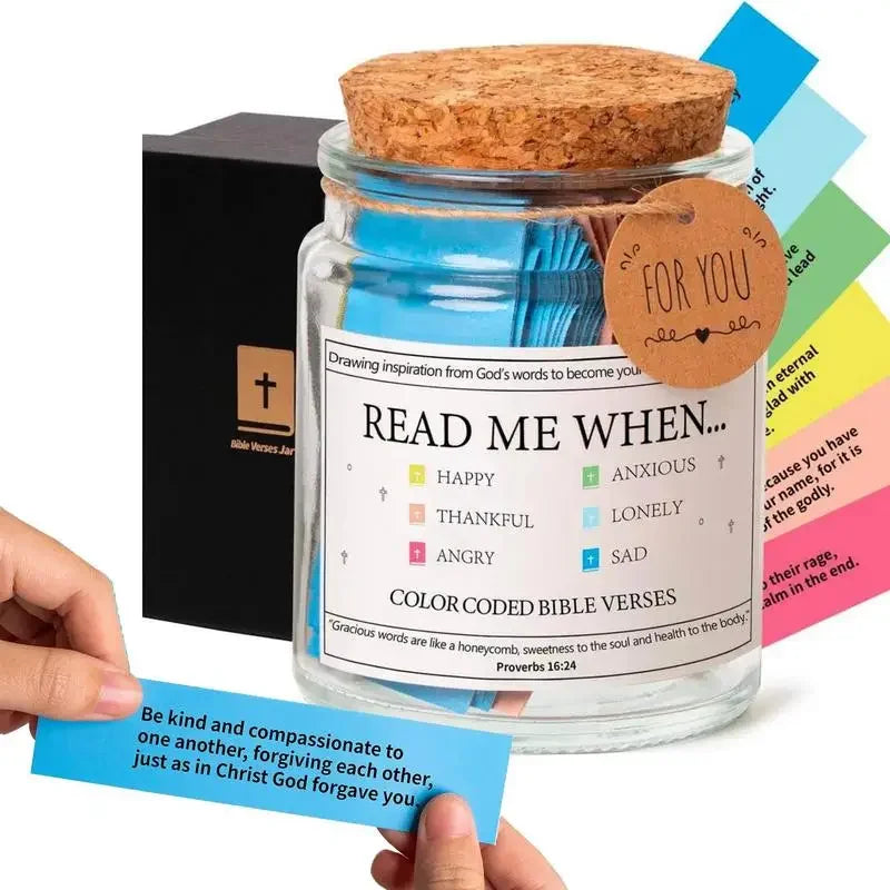 A glass jar filled with blue liquid and corked, labeled for reading Bible verses on happy, thankful, angry, sad, anxious, or 