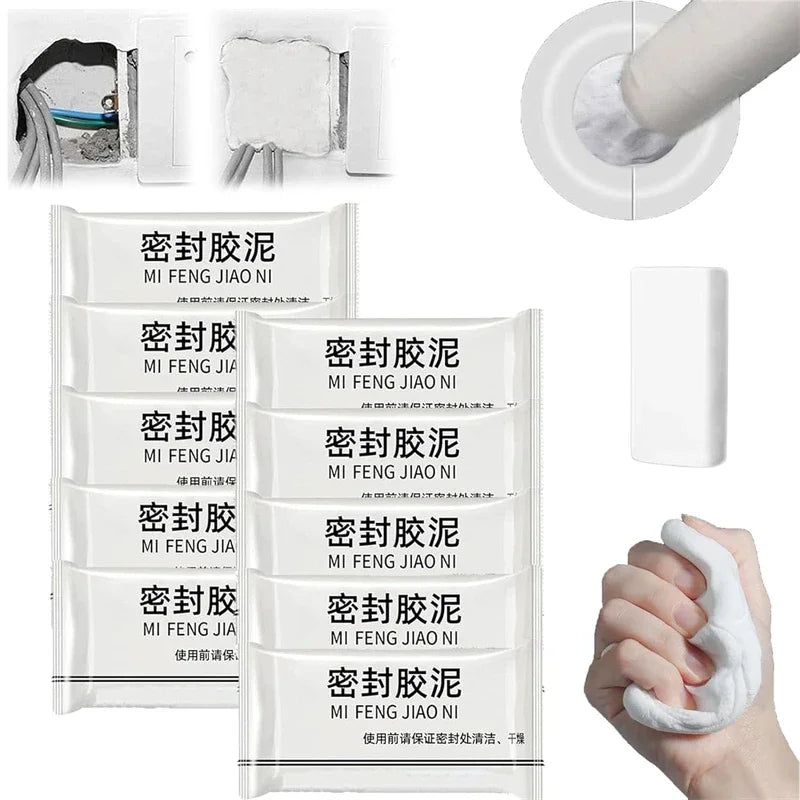 Roll of white clay sealant for pipe and wall holes shown next to a white tube and a hand applying the product