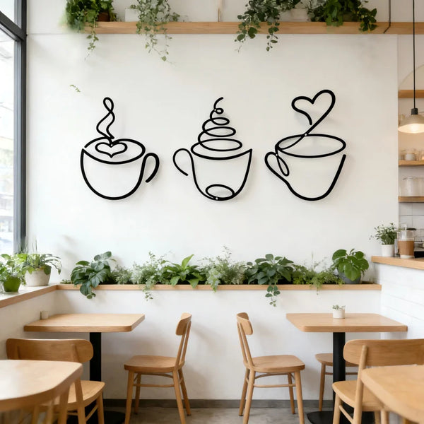 A set of three black line art coffee cup wall decor pieces displayed on a white wall above wooden tables.