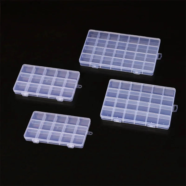 Four transparent plastic grid storage boxes for jewelry and beads displayed on a black background.