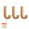 Three natural oak wood wall hooks with screws shown in different angles and dimensions