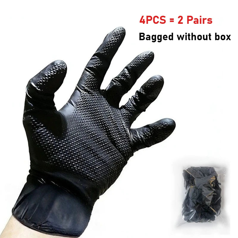 A pair of black, extra thick heavy-duty disposable nitrile gloves with a diamond texture shown on a hand.