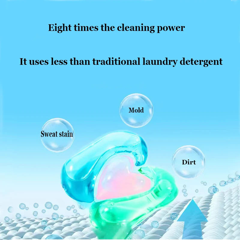 A heart-shaped laundry bead product is shown with bubbles, demonstrating its cleaning power against mold, sweat stains, and d