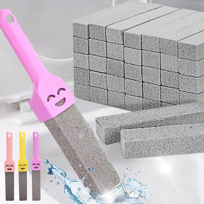 A pink natural pumice cleaning stick is shown next to a stack of gray pumice blocks and water splashing.