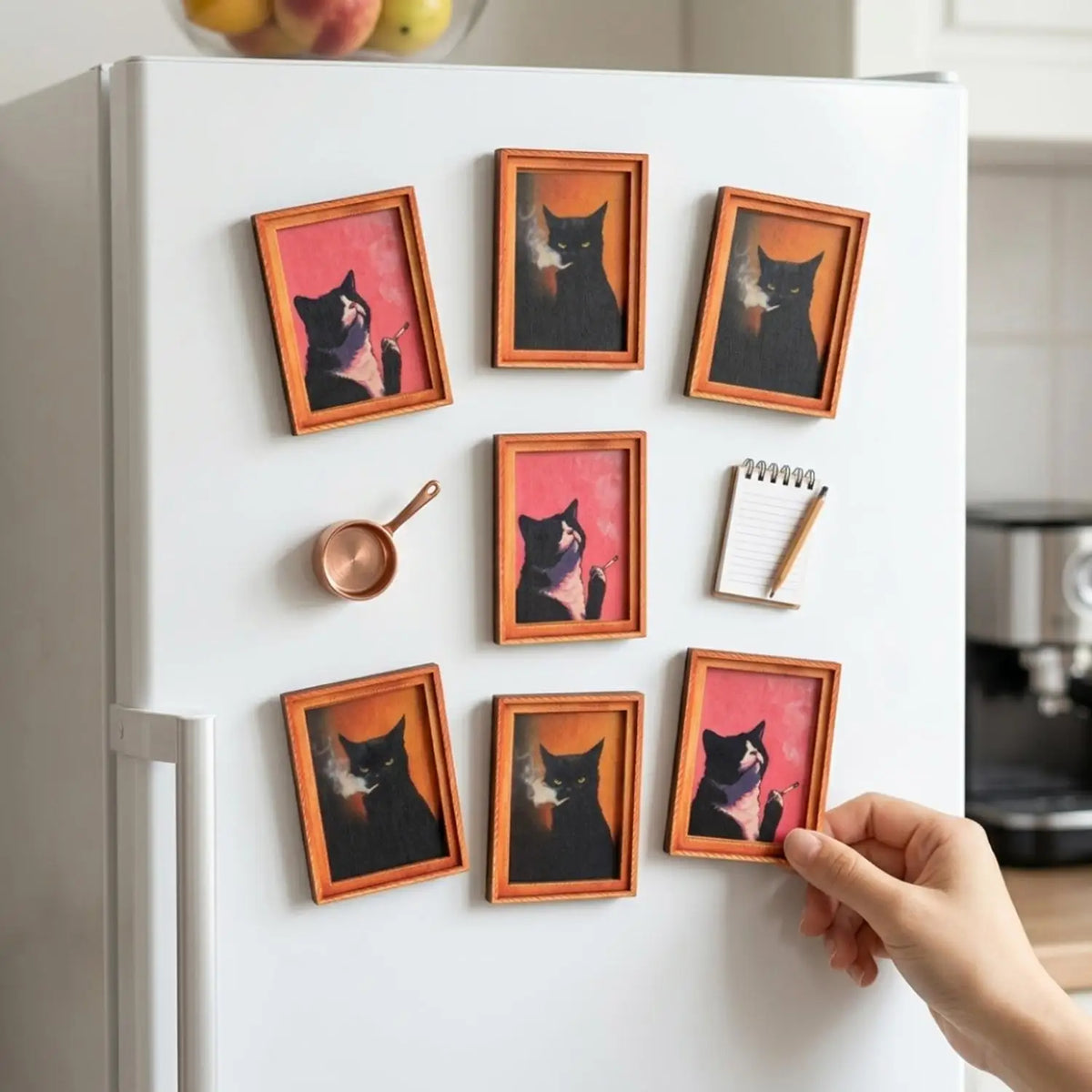 Eine Hand hält ein gerahmtes Bild einer schwarzen Katze auf einem weißen Kühlschrank mit mehreren ähnlichen Rahmen.