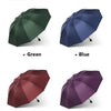Four colors of extra large windproof folding umbrellas shown: green, blue, red, and purple.