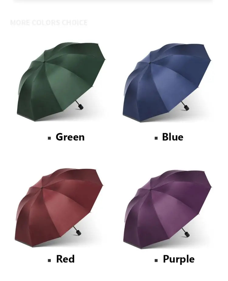 Four colors of extra large windproof folding umbrellas shown: green, blue, red, and purple.