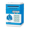 A blue electronic password piggy bank with a numeric keypad and display.