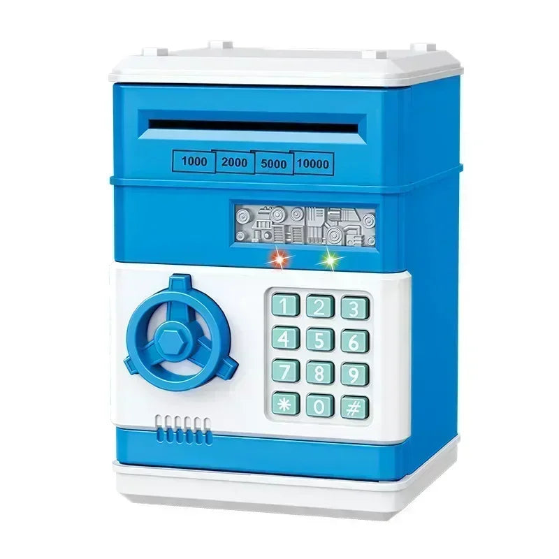 A blue electronic password piggy bank with a numeric keypad and display.