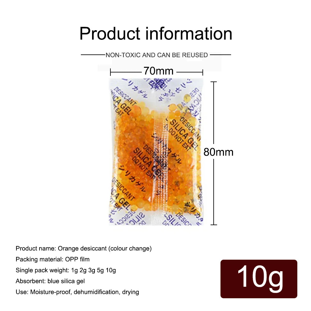 Orange desiccant silica gel bags used for moisture control and dehumidification