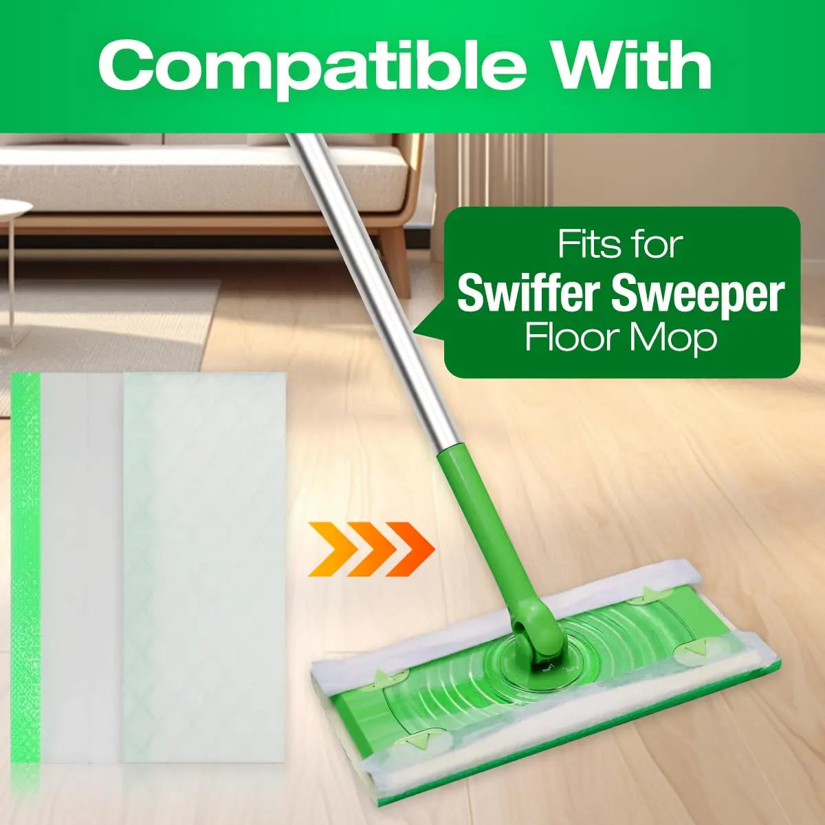 A green Swiffer Sweeper floor mop with a white pad and a green handle, shown next to a box.