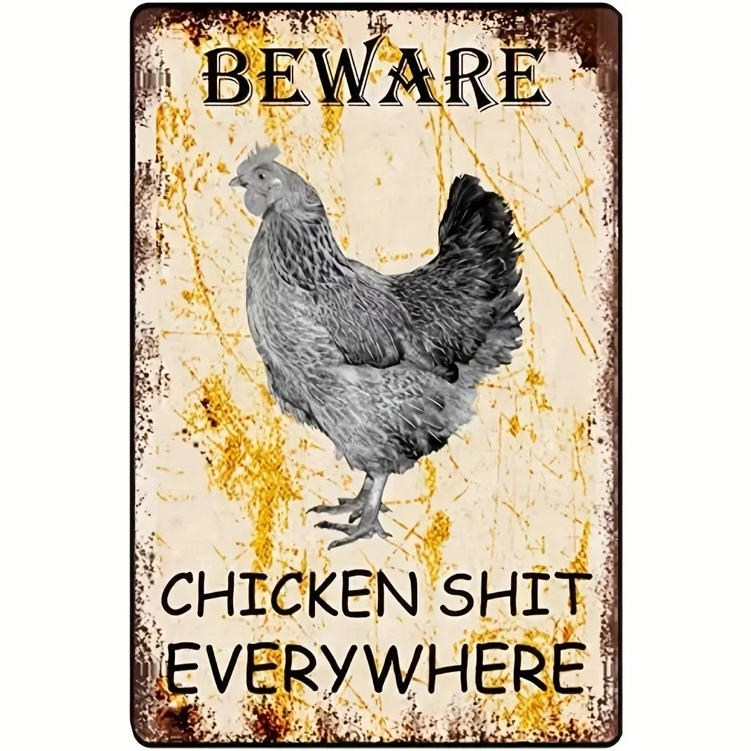 Vintage-Metall-Dosen-Schild mit Silhouette einer Henne und dem Text: GEFAHR HÄCKERKUTTER IHRE.