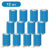 A set of twelve blue disappearing toilet brushes with long handles arranged in a row.
