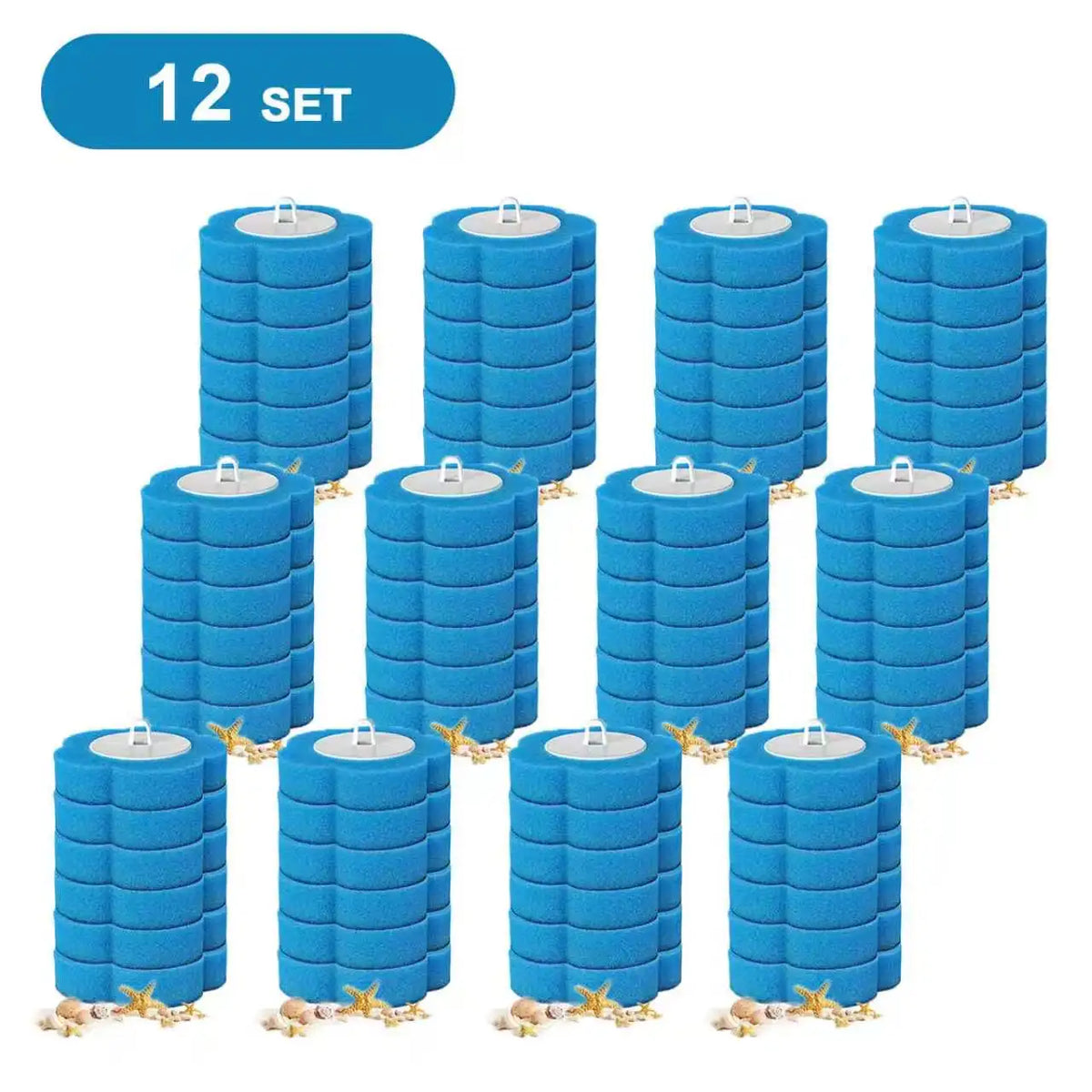 A set of twelve blue disappearing toilet brushes with long handles arranged in a row.