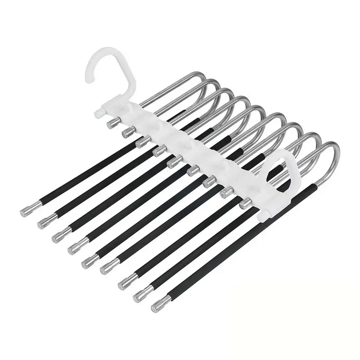 A set of stainless steel multi-layer hangers for clothes.
