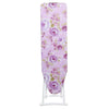 Tabla de planchar con estampado floral morado y soporte blanco.
