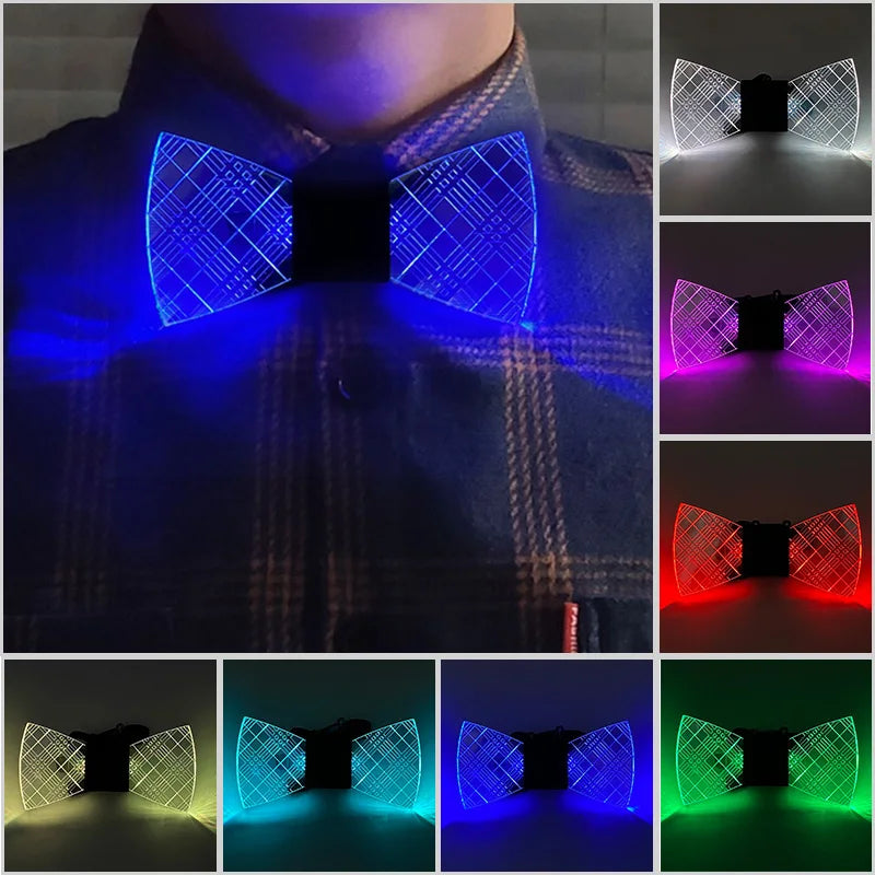 LED light up anime glasses displayed on a shirt, showing various colors and patterns.