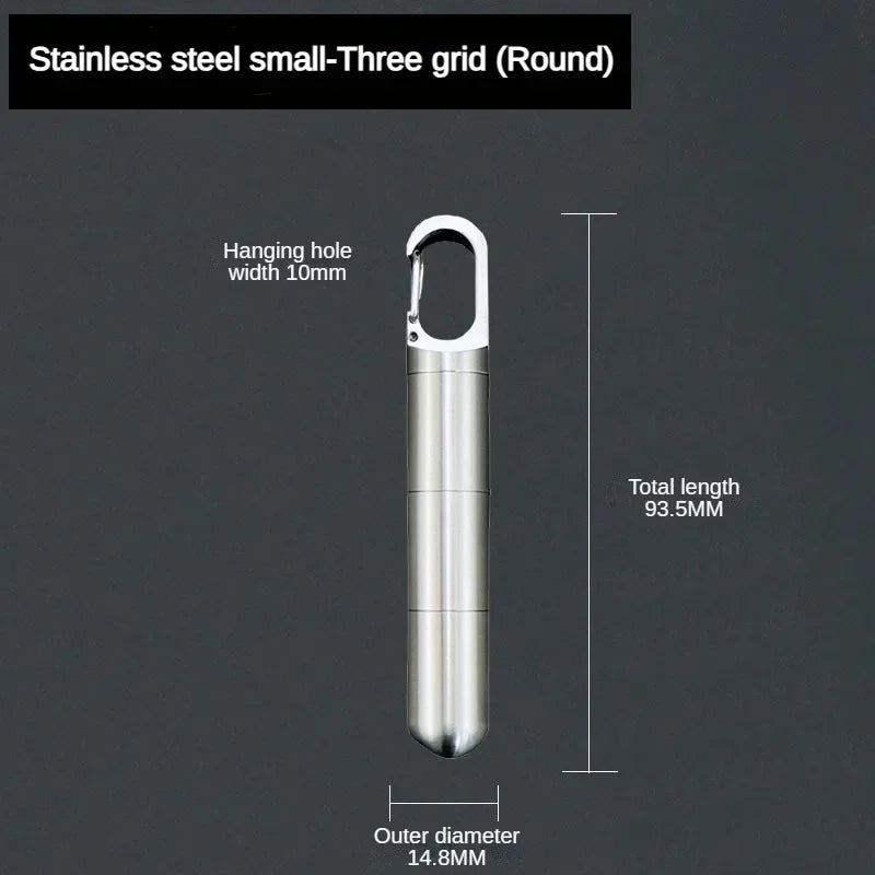 A vertical stainless steel small three grid round container with a hanging hole and an outer diameter of 14.8mm.