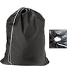Schwarze Fransenwaschtasche aus Netzstoff mit sichtbarem Öffnung und weißem Kordel.