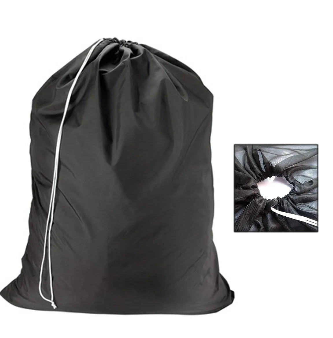 Schwarze Fransenwaschtasche aus Netzstoff mit sichtbarem Öffnung und weißem Kordel.