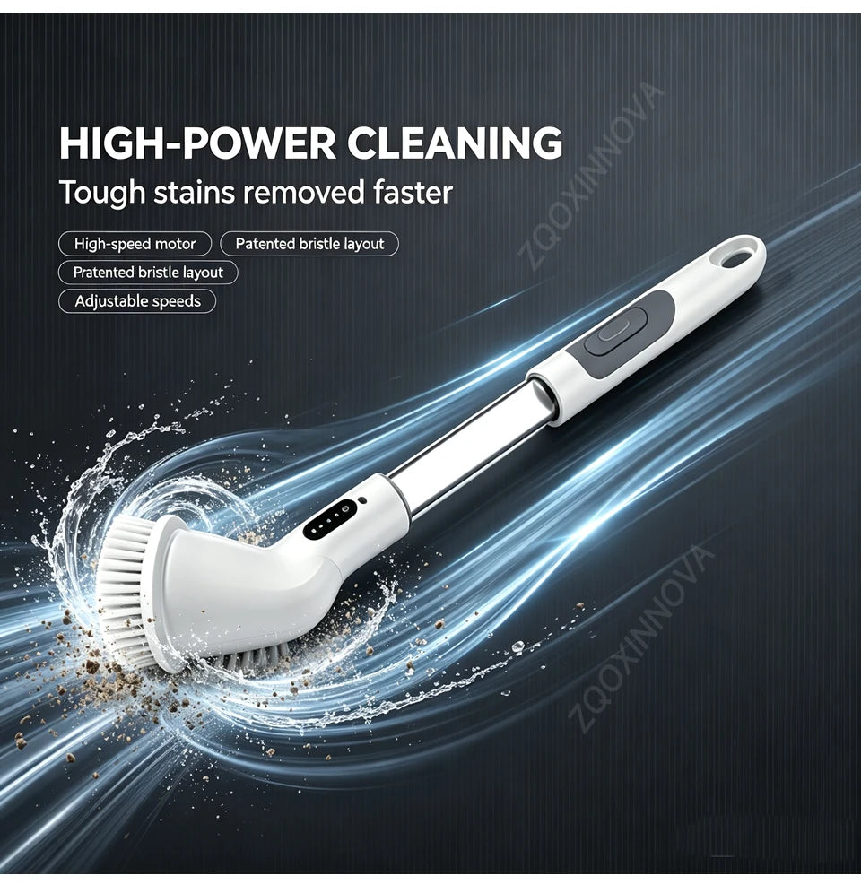 A white cordless electric spin scrubber with a rotating brush cleaning tough stains on a dark surface.