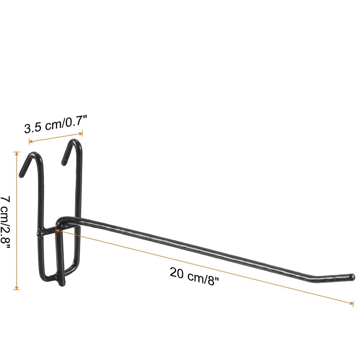 Black heavy-duty mesh grid display hooks with a 20 cm length and 3.5 cm height.