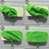 Four images showing reusable green mop replacement cloths hanging on a rod.