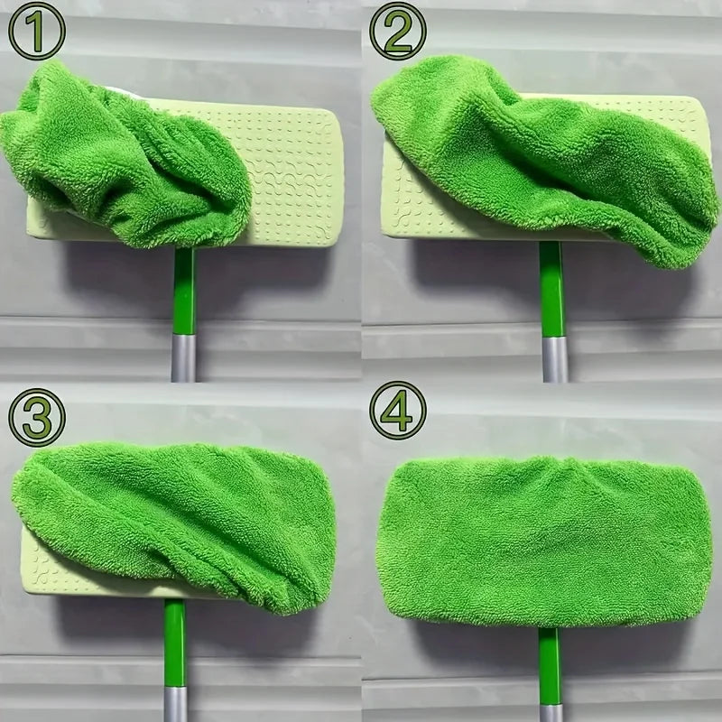 Four images showing reusable green mop replacement cloths hanging on a rod.