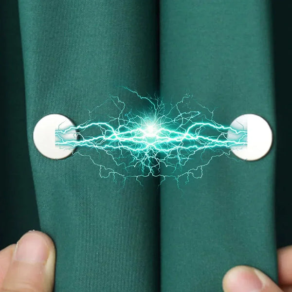 Close-up of magnetic curtain fasteners showing bright blue electrical sparks connecting two fabric panels.