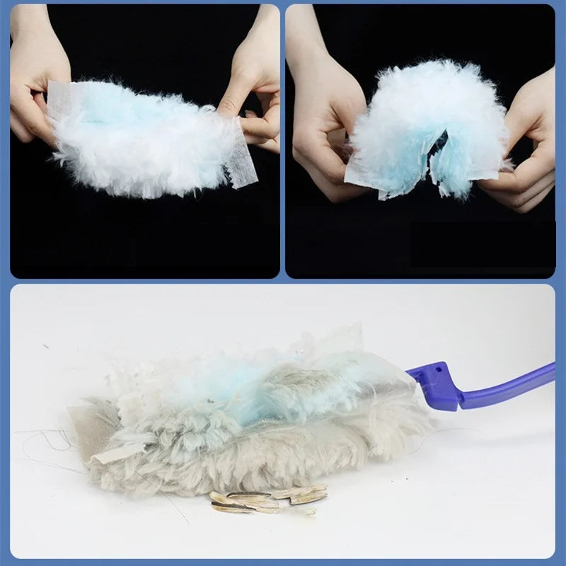 Hands hold and manipulate reusable duster refills, showing white and light blue cleaning materials.