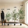 Three artificial indoor olive trees in black pots displayed in a bright living room
