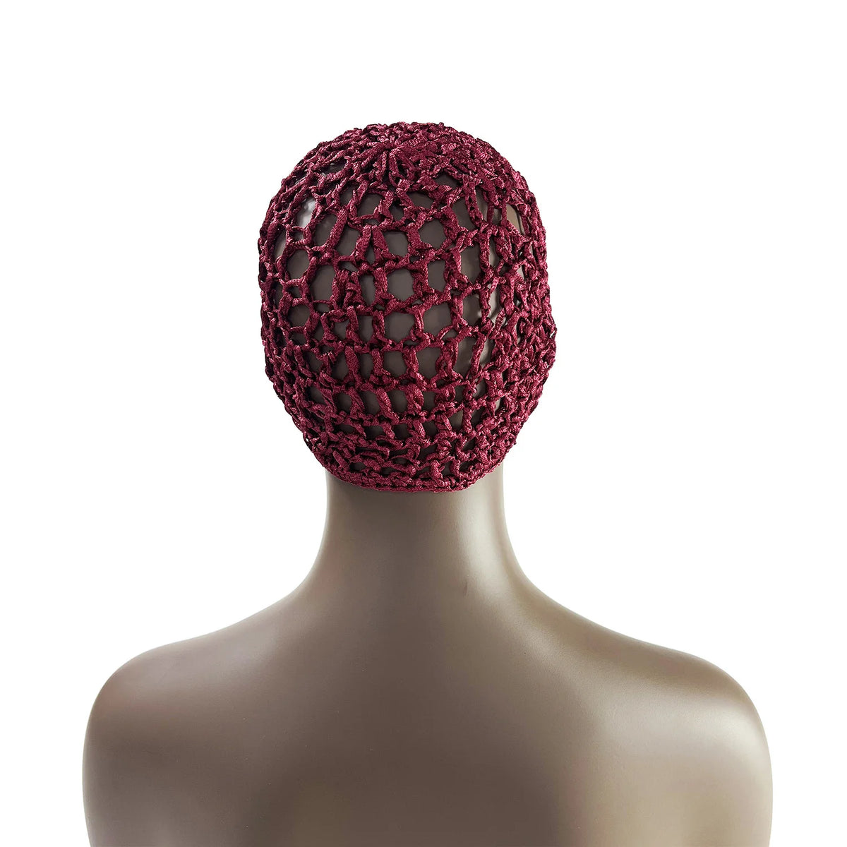 A close-up of a hand-crocheted mesh hair net cap in deep burgundy color displayed on a mannequin head.
