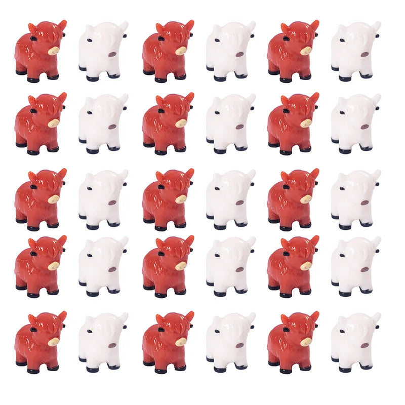 A set of ten resin highland cow figurine decor items in various shades of red and white.