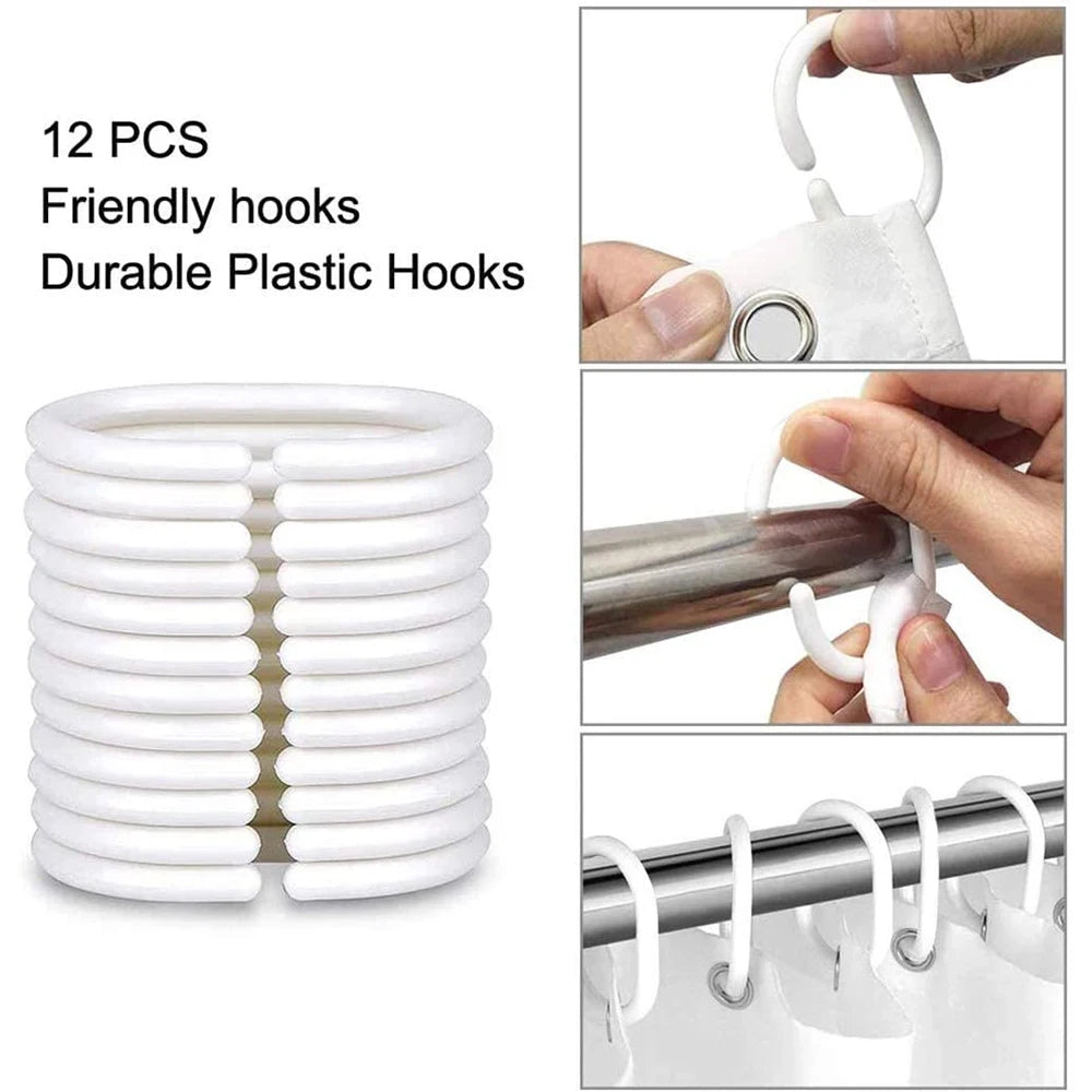A set of 12 friendly durable white plastic hooks for shower and bathroom decor