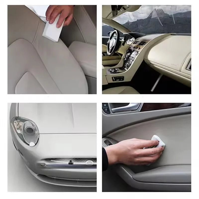 Close-up shots of magic cleaning sponges used for various household and automotive cleaning tasks.
