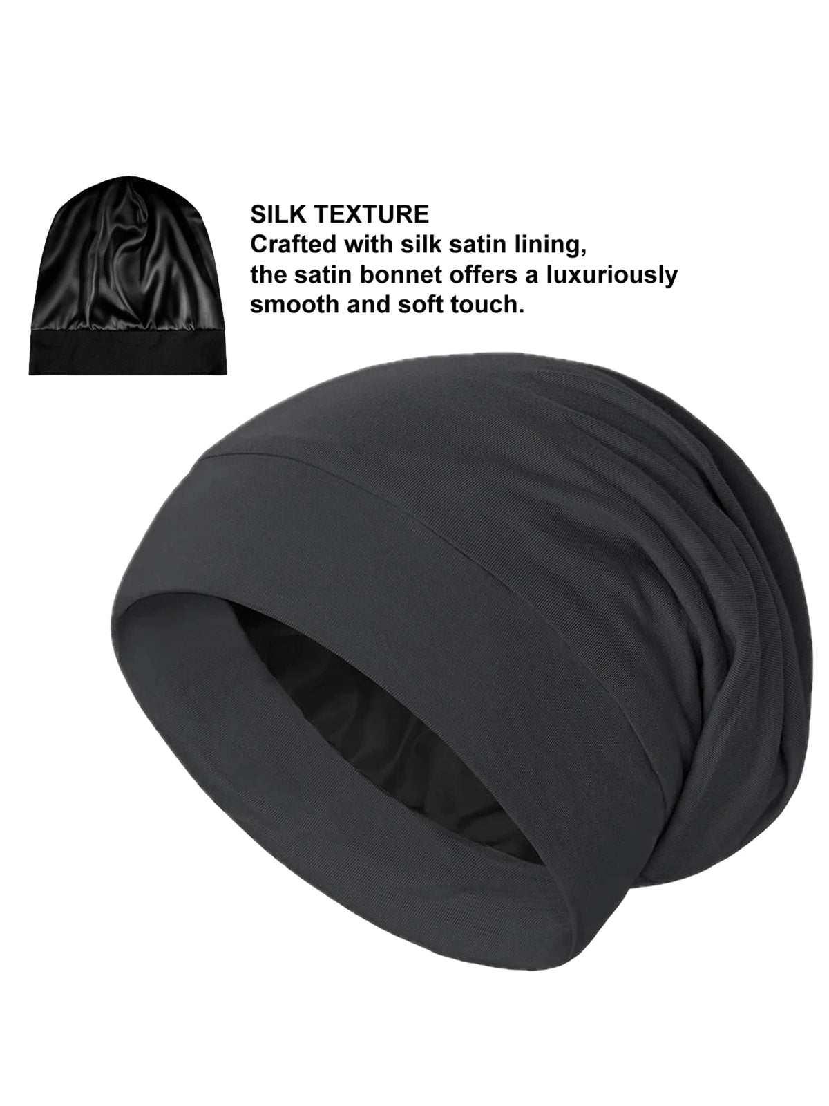 A black satin sleep bonnet is shown, featuring a silky texture and smooth finish.