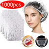 A woman wearing a clear reusable disposable shower cap for hair protection, shown alongside the product and usage demonstrati