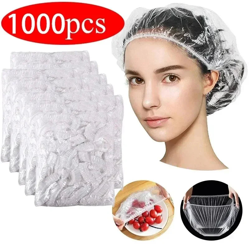 A woman wearing a clear reusable disposable shower cap for hair protection, shown alongside the product and usage demonstrati