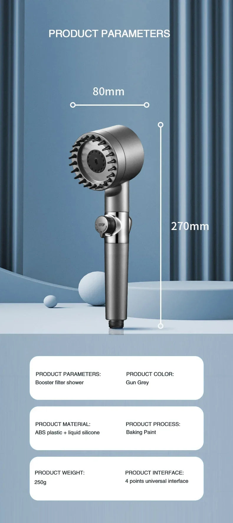 Silber-Duschkopf mit 80mm Düse und 270mm Körper vor blauem Hintergrund