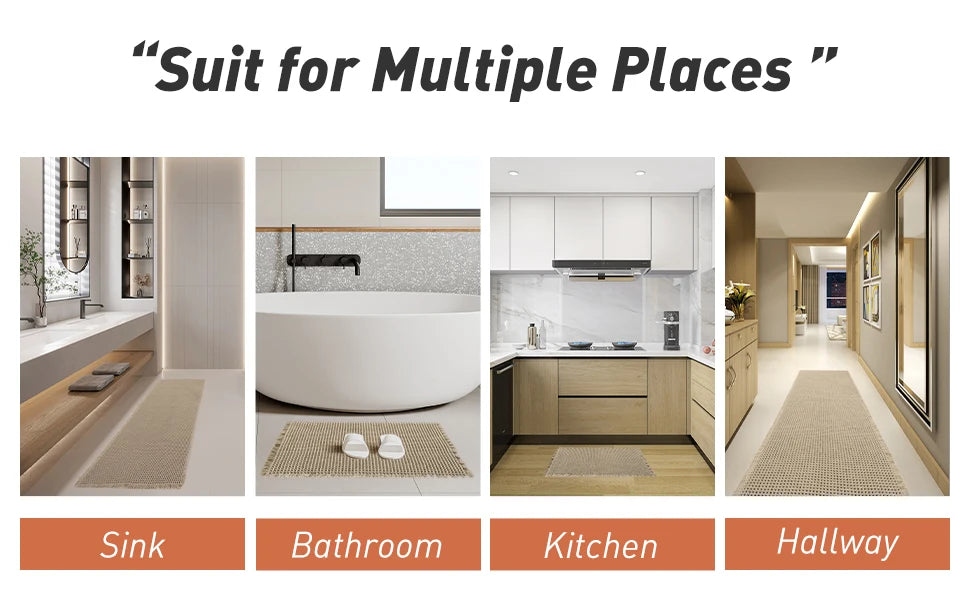 A collection of bathroom rugs and mats shown in context for a suit for multiple places product.