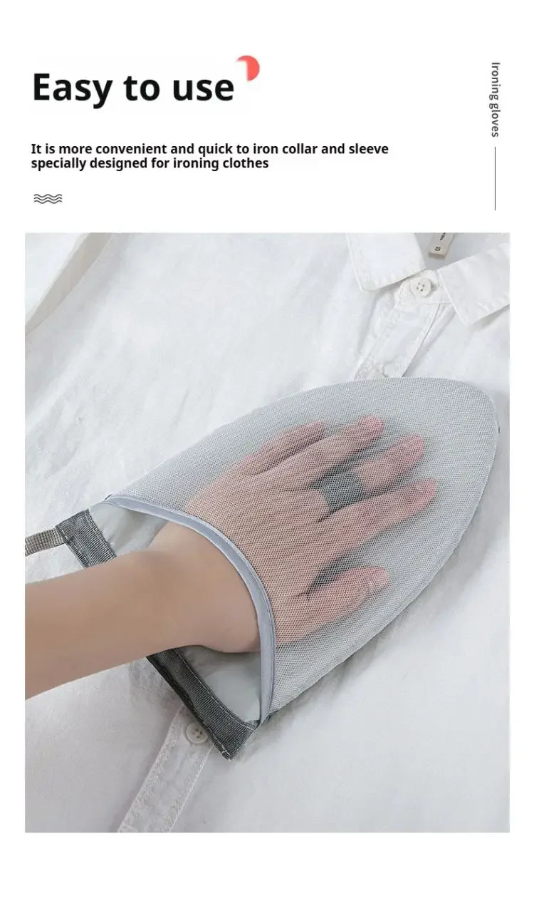 A hand wearing a grey ironing glove rests on a grey ironing board, demonstrating an easy to use ironing tool.