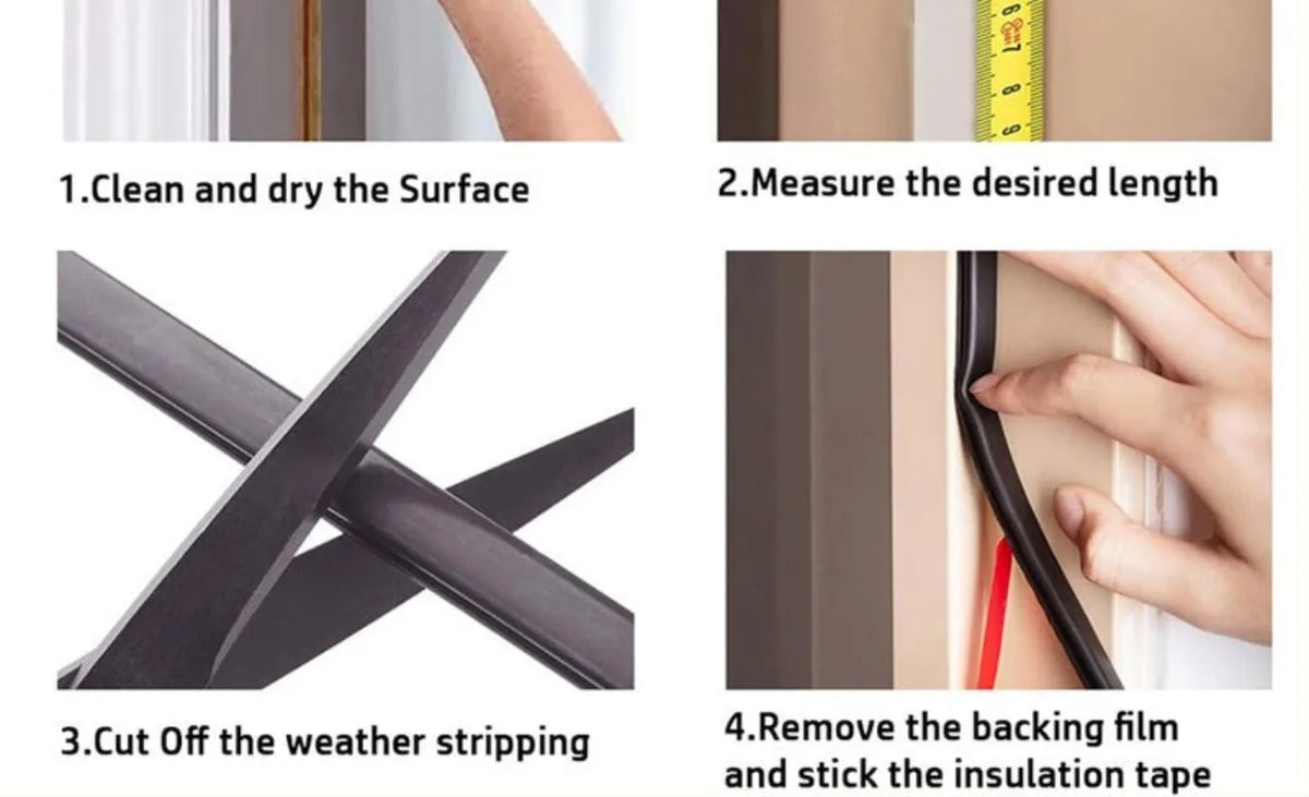 Step-by-step guide showing how to clean, measure, cut off, and install D-shape weather stripping for doors and windows.