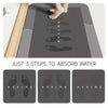 A bath mat showing three steps to absorb water, featuring the letters AVXLRQ on the mat.
